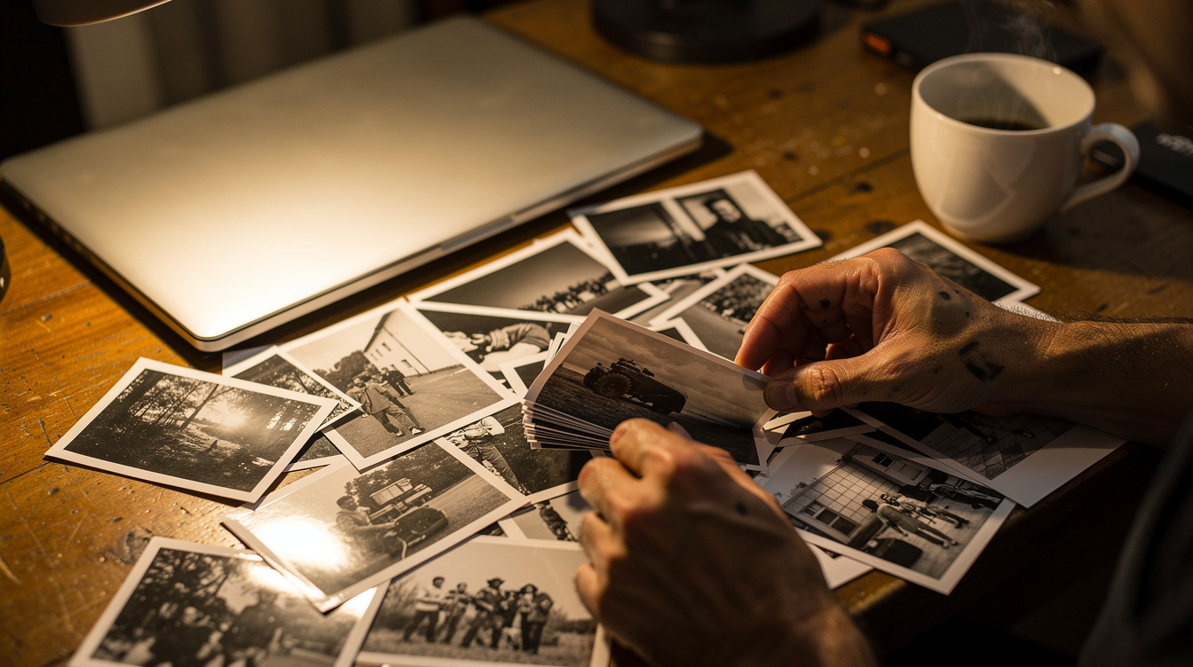 Photographer reviewing contact sheets and printed photos on a table