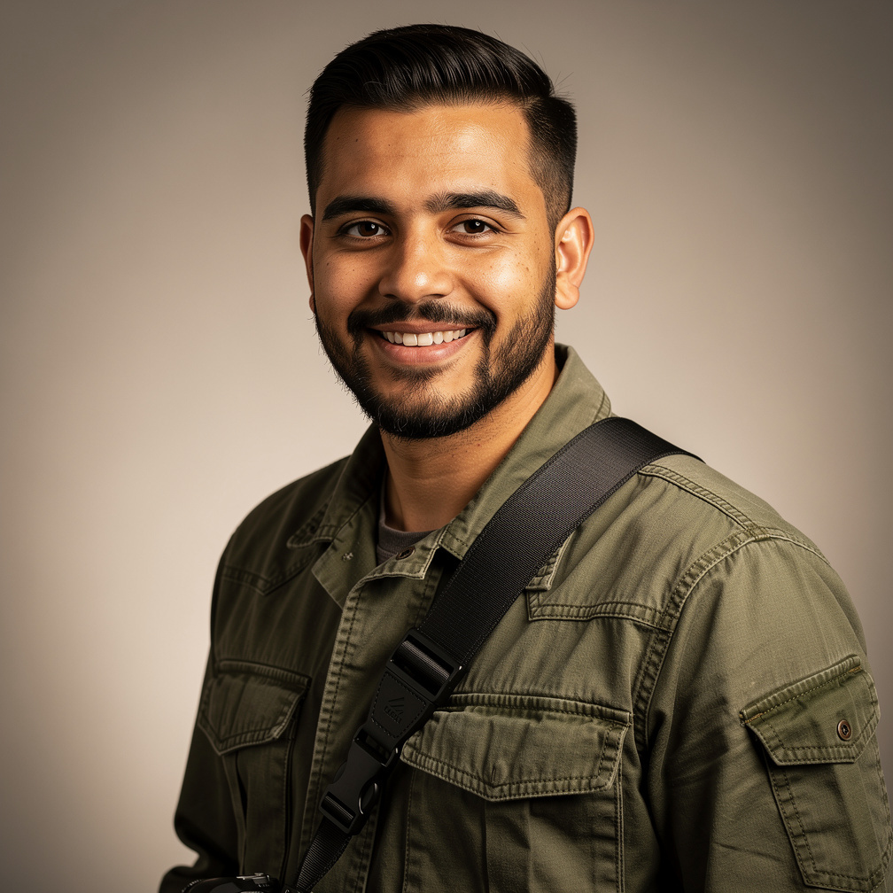 Portrait of a young Chilean man photographer with a backpack