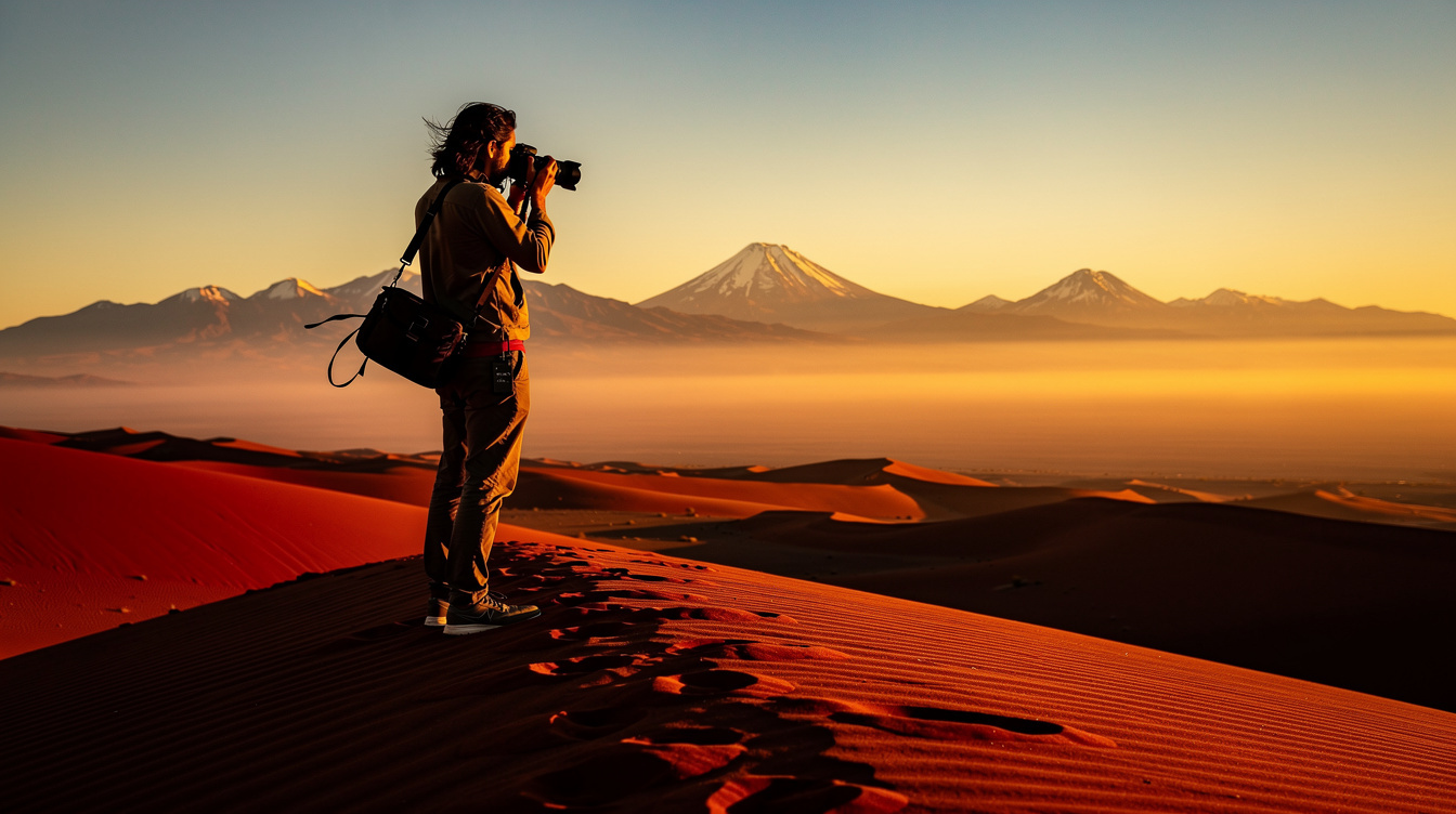 Photographer taking pictures in the Atacama desert at sunset